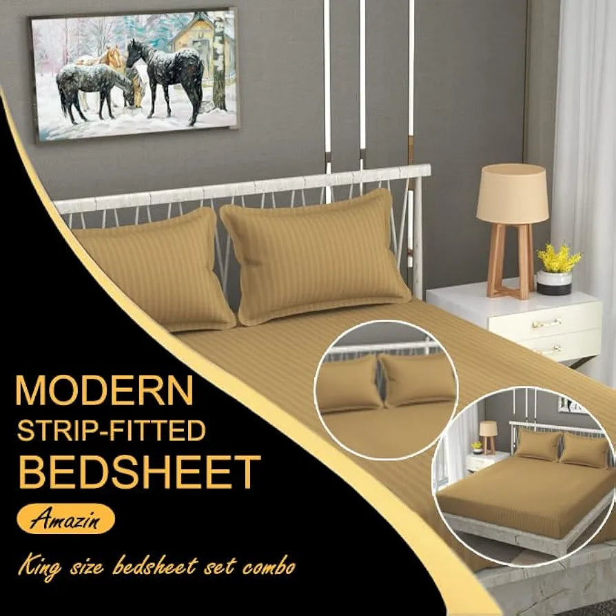 Fresh From Loom 240 Tc Satin Striped King Size Soft Fitted Bedsheet with Two Pillow Cover Elastic Light Brown