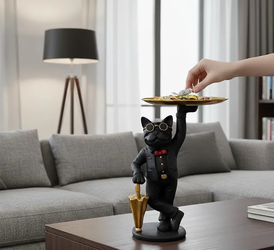 Premium French Bulldog Butler Statue with Golden Serving Tray & Umbrella, Resin Dog Figurine for Home Decor, Entryway Key Holder & Living Room Centerpiece 