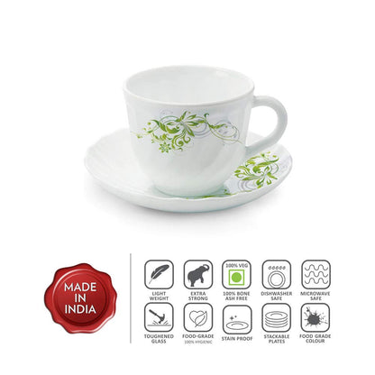 Borosil Larah Erba Cup and Saucer Set | Set of 6 |12-piece | 220ml | White
