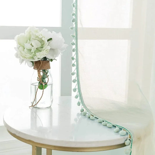 Urban Space Linen Textured Sheer Curtain for Door Room Darkening, Decorative Curtains Hanging Style Set of 2 Curtains Mint Green with pom pom