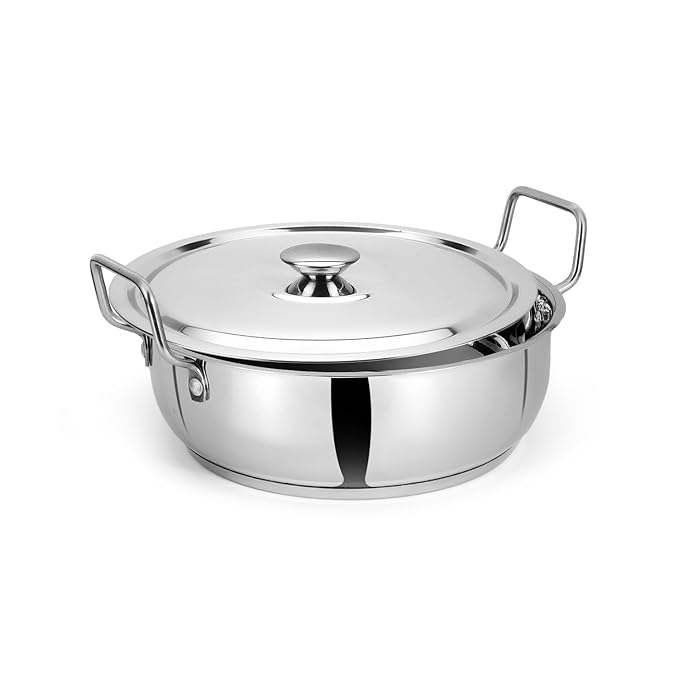 Kanshitas Heavy Gauge Stainless Steel Induction Bottom Kadai with Lid 5.2 Liter Capacity