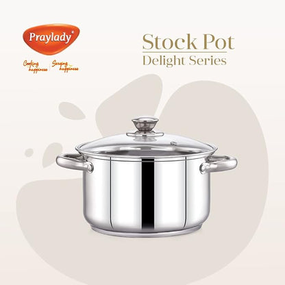 Praylady Stainless Steel Stockpot with Glass Lid Delight Series 3 Ply Base Stockpot Capacity1.8 Litre Silver