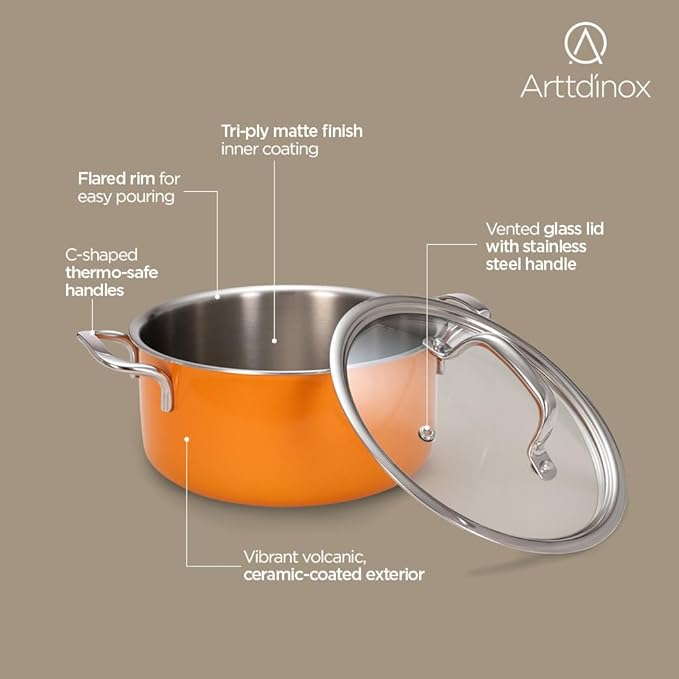 Arttdinox Vida Stainless Steel Triply Pot With Glass Lid for Biryani | 20 Cm | 3 Ltr | Rivetless Handle | Jindal Stainless