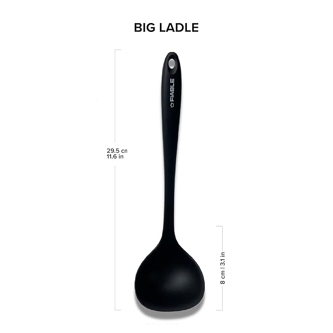 Fiable Premium Silicone Big Ladle for Cooking Deep Ladle for Serving Black