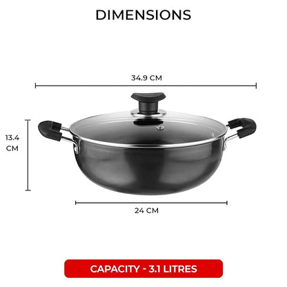 Vinod Black Pearl Hard Anodised Non Stick Deep Kadhai with Glass Lid - 3.1 LTR, 24 cm | 3.25mm Thickness | kadai for Cooking