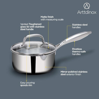 Arttdinox Stellar Stainless Steel Triply Sauce pan with Straining Glass Lid Milk Pan 16cm 1.5Ltr