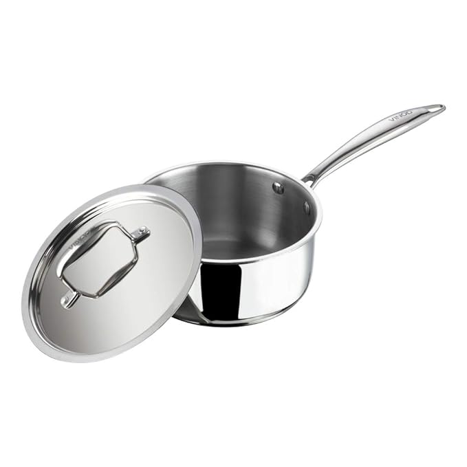 Vinod Platinum Triply Stainless Steel Saucepan with Lid - 1.2 litres (14 cm) | 2.5 mm Thick | Tea, Chai Pan