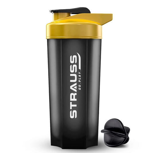 Strauss Recharge Shaker Bottle BPA-Free | Protein Shaker with Blender Ball | Black/Yellow