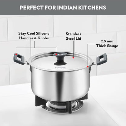 Borosil Cookfresh Tri-ply Stainless Steel Cook & Serve Casserole With Lid | Induction Friendly | 2.2 Litres | 18 Cm