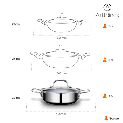Arttdinox Stellar Triply Stainless Steel Kadhai with Lid Triply Kadai Non Stick Kadai 26cm 3.2Ltr