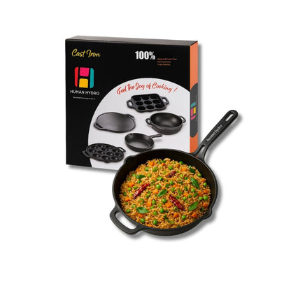 Human Hydro Pre-Seasoned Cast Iron Fry Pan 25cm (10 Inch) with Wooden Spatula Naturally Nonstick Gas Induction