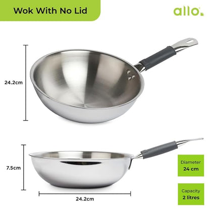 Allo Triply Stainless Steel Wok for Deep Fry Stir Fry Dry Veg 22Cm 2 Litre