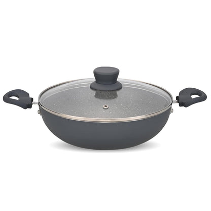 NAVRANG Cookware Aluminium Kadhai 22cm with Glass Lid