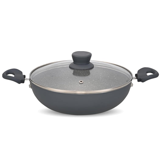 NAVRANG Cookware Aluminium Kadhai 22cm with Glass Lid