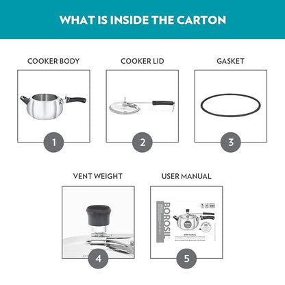 Borosil Pronto Induction Base Inner Lid Aluminium Pressure Cooker | 3.6 Mm Thick Base | 5 Litres | Silver