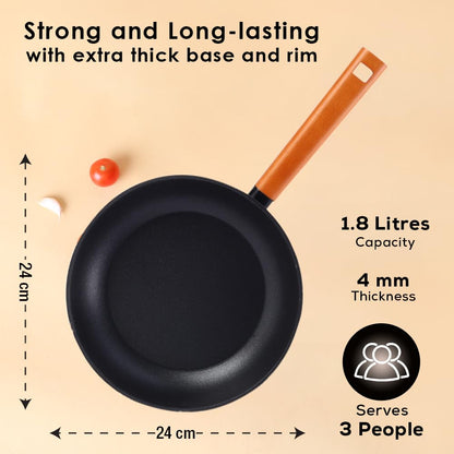 Wonderchef Caesar Forged Virgin Aluminium Fry Pan, 1 ltr, 20cm, Black, Healthy Greblon C3 Non-Stick Coating