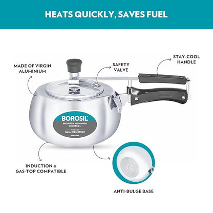 Borosil Pronto Induction Base Inner Lid Aluminium Pressure Cooker | 3.6 Mm Thick Base | 2 Litres | Silver