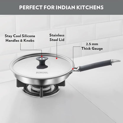 Borosil Cookfresh Tri-ply Stainless Fry Pan With Lid | Induction Friendly | 1.9 Litres | 24 Cm