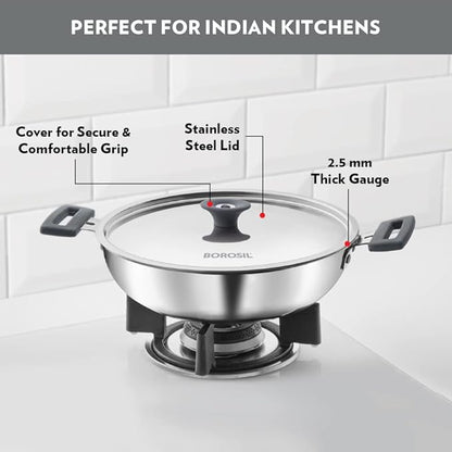 Borosil Cookfresh Tri-ply Stainless Steel Kadhai With Lid | Induction Friendly | 4 Litres | 28 Cm