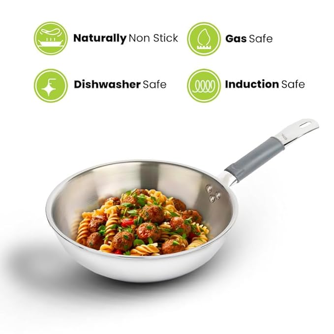 Allo Triply Stainless Steel Wok for Deep Fry Stir Fry Dry Veg 20Cm 1.5 Litre