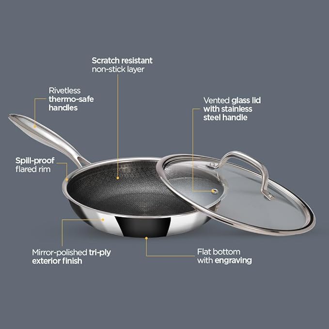 Arttdinox Stellar Stainless Steel Triply Frypan With Lid | Non Stick Pan | Induction & Gas Base | 24cm | 1.8 Ltr | Silver
