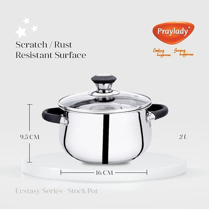 Praylady Stainless Steel Stock Pot with Glass Lid Ecstasy Series 3 Ply Base Stock Pot Size 16 cm Capacity