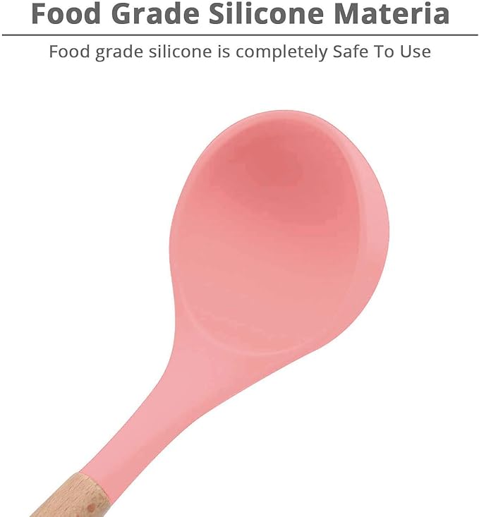 Woodtula Silicone Soup Ladle Spatula with Wooden Handle Non-Stick Kitchen Utensil Tools Pink