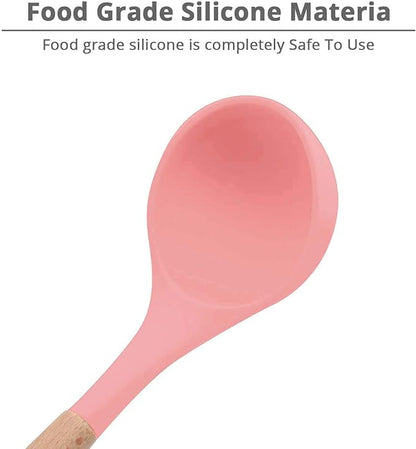 Woodtula Silicone Soup Ladle Spatula with Wooden Handle Non-Stick Kitchen Utensil Tools Pink