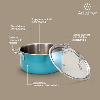 Arttdinox Vida Stainless Steel Triply 18 Cm 2 Ltr Pot With Glass Lid for Biryani | Rivetless Handle | Induction & Gas Base
