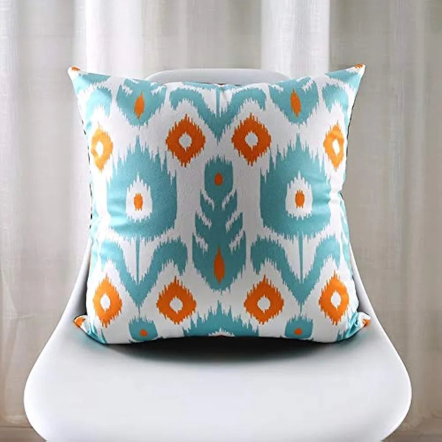 Aerohaven Ikat Style Cushion Covers Teal & Orange Abstract Prints Cotton Decorative Throw Pillows for Sofa & Home