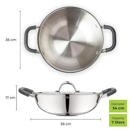 Allo Triply Stainless Steel Kadhai with Handles Perfect Kadhai for Curry Stir-Fry 34cm 7 litres