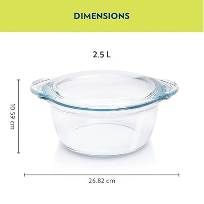 Borosil Glass Casserole Deep Round Oven and Microwave Safe Serving Bowl With Glass Lid | 2.5 Litres | 1 Piece Deep Round Casserole | Transparent