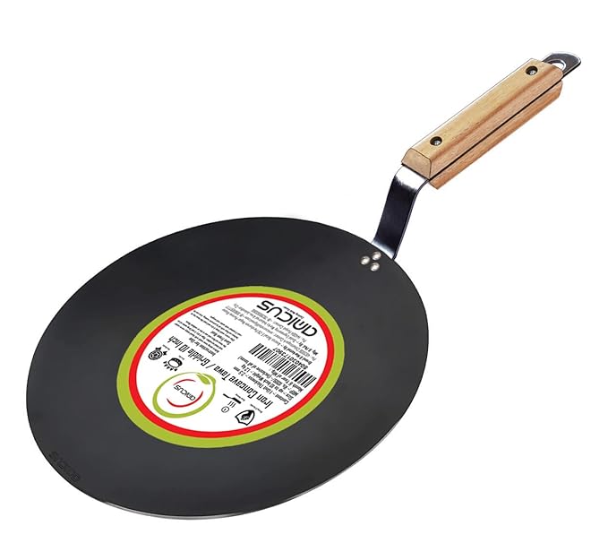 Amicus Kitchen Premium Iron Tawa For Roti Chapati Concave With Wooden Handle 10 Inch Black