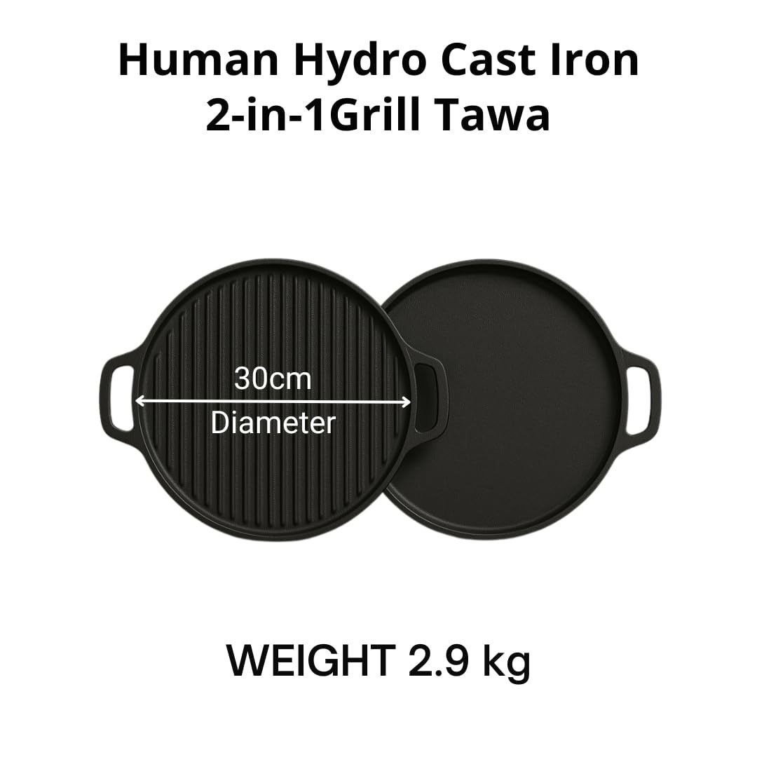 Human Hydro Pre-Seasoned 2-in-1 Cast Iron Grill Tawa 30cm Reversible Induction Gas