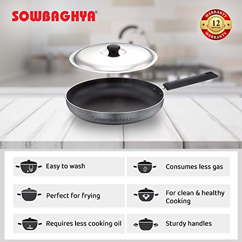 Sowbaghya Non Stick Fry Pan with Stainless Steel Lid Multicolour With Soft Touch Handle