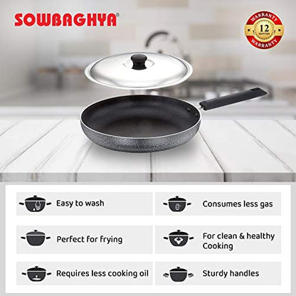 Sowbaghya Non Stick Fry Pan with Stainless Steel Lid Multicolour With Soft Touch Handle