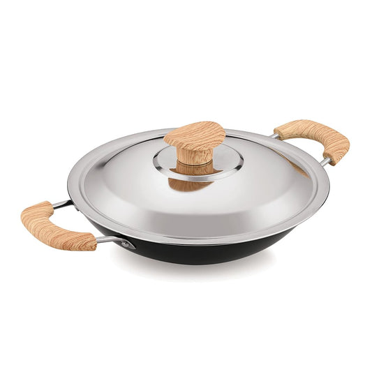 Bergner Bellini Plus Aura 5-layer Non-stick 20 Cm Appachetty With Stainless Steel Lid, Wooden Finish Soft Touch Handle