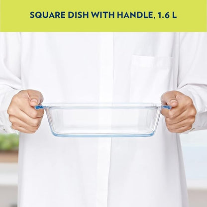 Borosil Glass Baking Dish | 1.6 Litres | Transparent | 1 Piece Square Dish With Handle