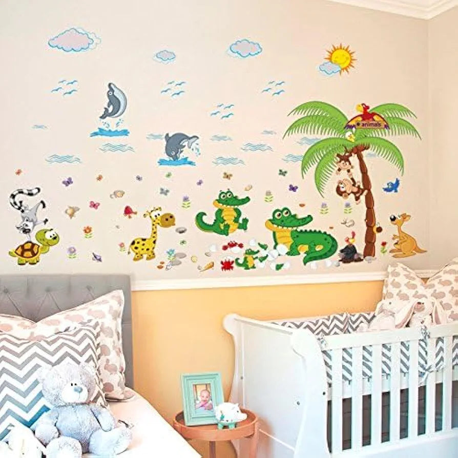 Jaamso Royals Multicolor Decorative Zoo Animal Kids Tree Design Vinyl Self Adhesive Peel and Stick Wall Sticker Animal Jungle