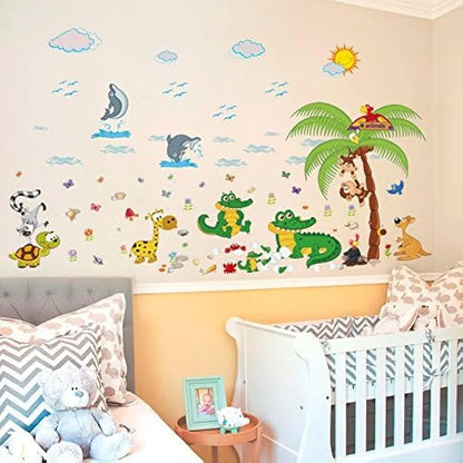 Jaamso Royals Multicolor Decorative Zoo Animal Kids Tree Design Vinyl Self Adhesive Peel and Stick Wall Sticker Animal Jungle