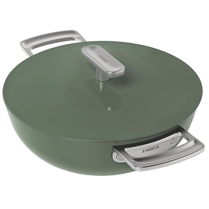 Ember Cookware Arcilla Ceramic Non Stick Kadai 24cm | Metallic Lid | Stainless Steel Handles | Capri Series | Green