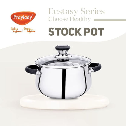 Praylady Stainless Steel Stock Pot with Glass Lid Ecstasy Series 3 Ply Base Stock Pot Size 22 cm Capacity
