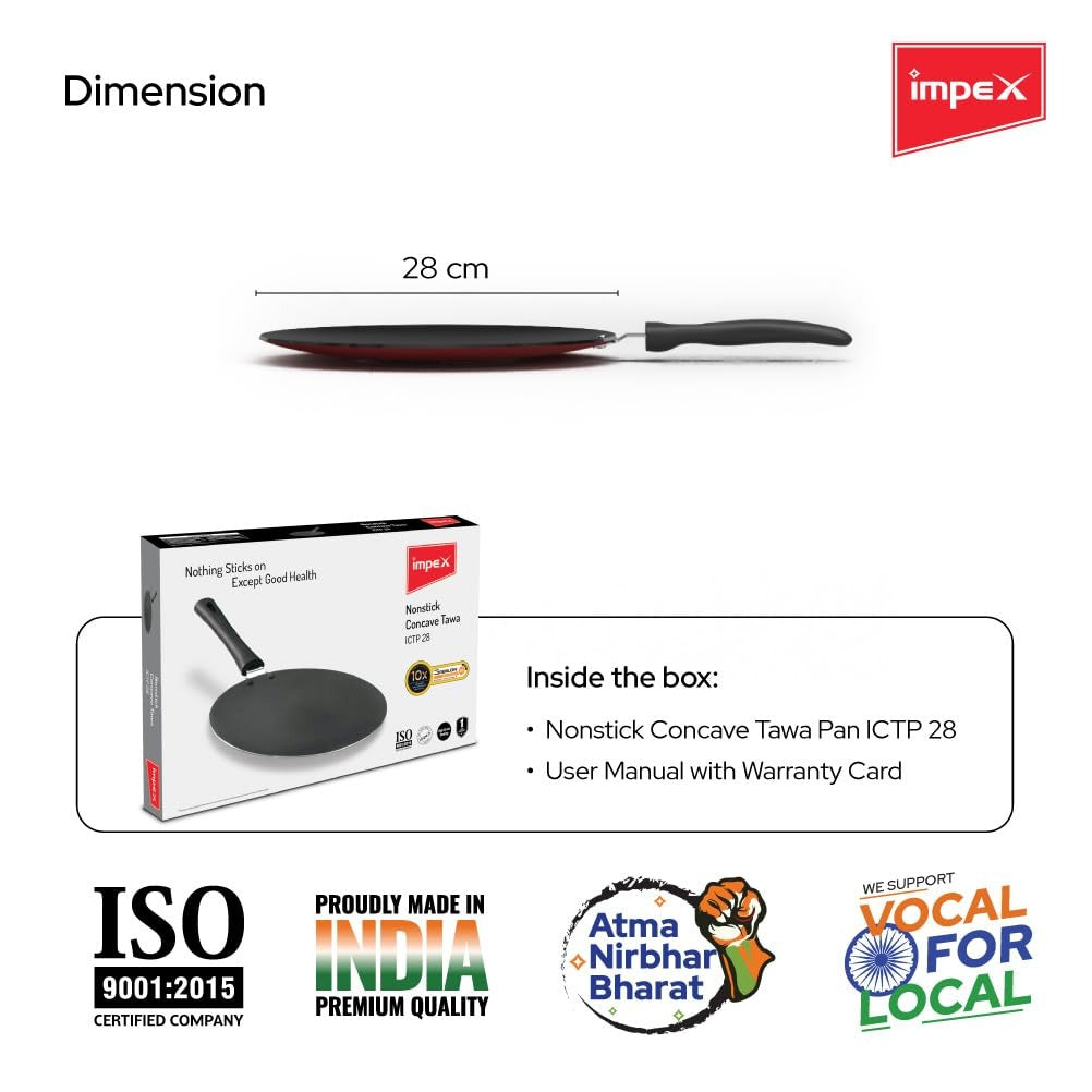 Impex ICTP-28 Non-Stick Aluminium Concave Tawa Pan 28cm Cherry Red