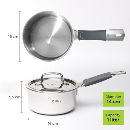 Allo Triply Stainless Steel Sauce TriPly Tea Pan Milk Pan for Chai 14cm 1 Litre