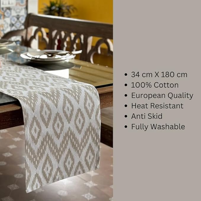 Oak & Lily Table Runner in Ivory & Beige Ikat Print 4 Seater & 6 Seater Dining and Center