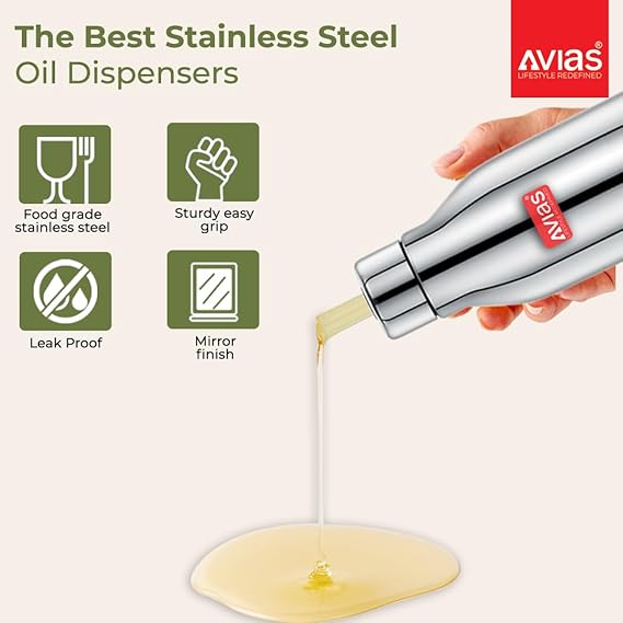 Avias Ezee Stainless Steel 1 Litres Easy Flow Stainless Steel Oil Dispenser Bottle with Cap