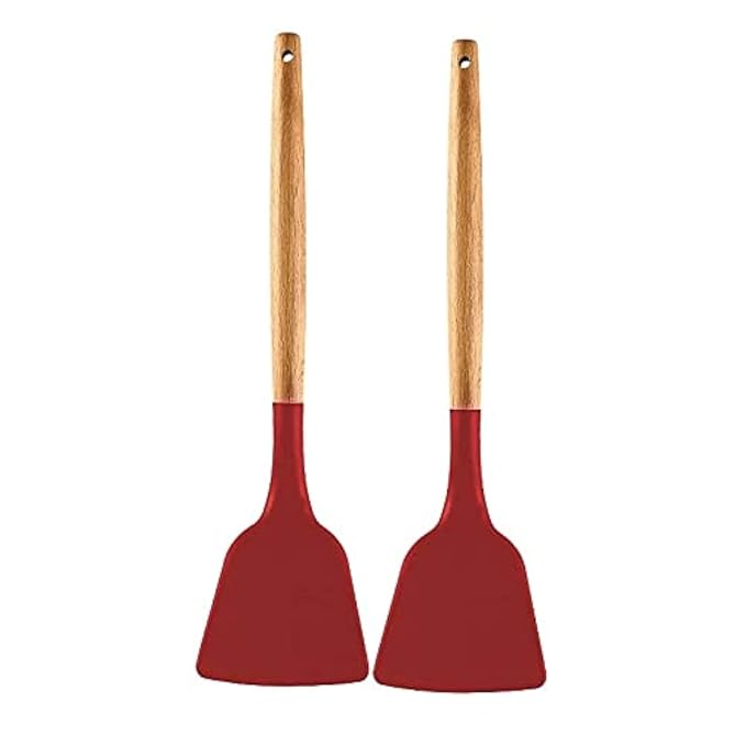 P-Plus International Silicone Spatula Wooden Handle Flexible & Heat Resistant Rubber Non-Stick Red