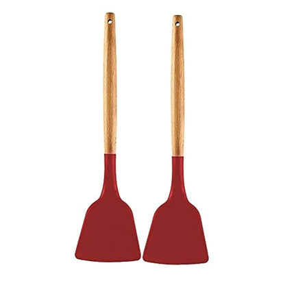 P-Plus International Silicone Spatula Wooden Handle Flexible & Heat Resistant Rubber Non-Stick Red