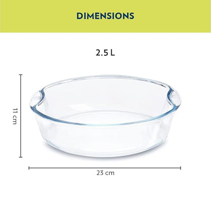Borosil Round Glass Baking Dish | 2.5 Litres | Microwave Safe & Oven Safe | Transparent | 1 Piece
