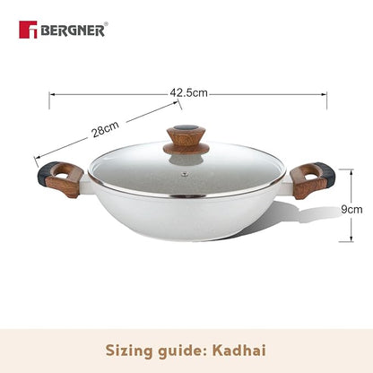 Bergner Naturally Forged Nonstick 28 Cm Kadai With Glass Lid | 3.3 L Capacity
